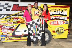 Jimmy Horton stands in Victory Lane at the ROC Cabin Fever 60, Saturday March 23, 2013 at New Egypt Speedway. (Photo by Jim Brown)