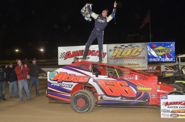 Bobby Varin, feature winner of the 60 Over, at Bridgeport Speedway, March 30, 2013. (Photo by Tom Scott).
